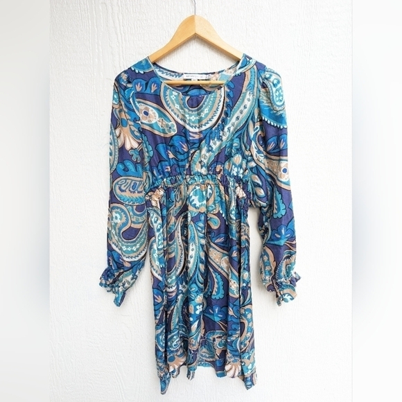 See By Chloe Blue Paisley 100% Silk Boho Long Sleeve Dress Women's Size 8 - Picture 1 of 7